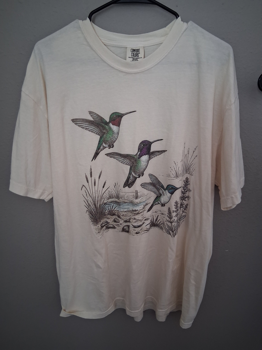 Comfort Colors Cream Tee with Colorful Hummingbird Trio